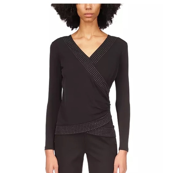 MK Petite Black Rhinestone Border Long-Sleeve Jersey Top by Michael Michael Kors - Picture 1 of 16